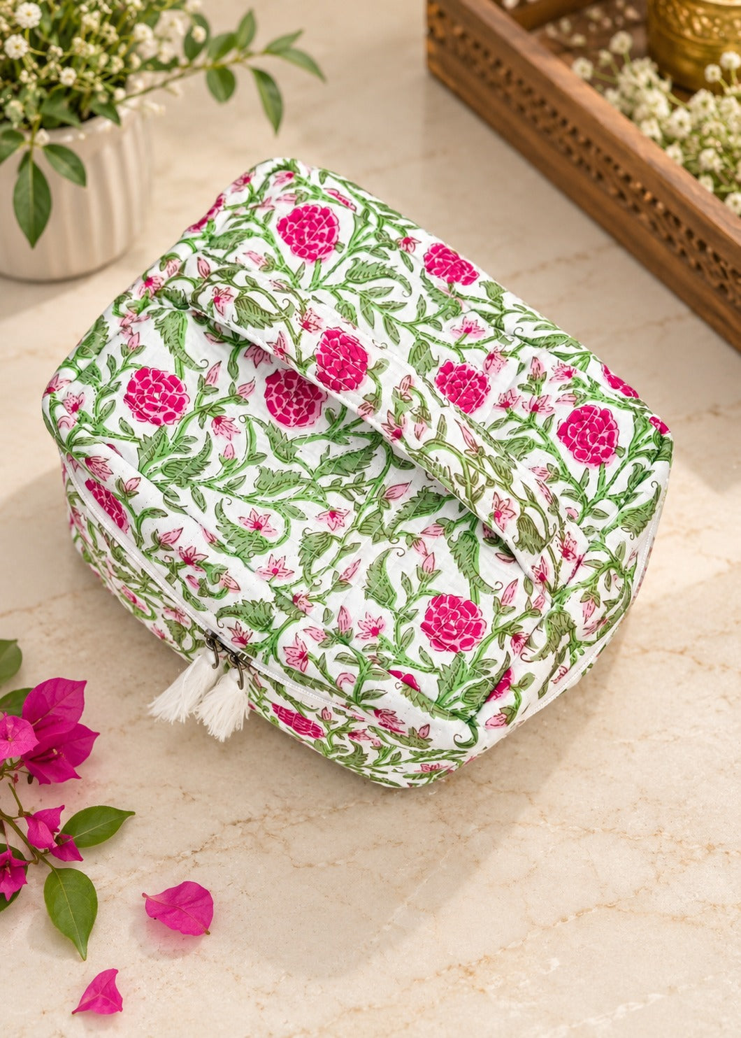 Handcrafted Quilted Makeup Organizer Bag | Cosmetic & Travel Vanity Case - 9x6.5x6.2 inches