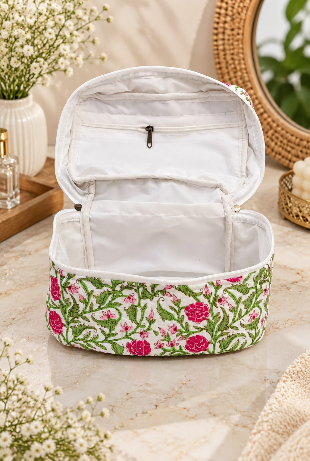Handcrafted Quilted Makeup Organizer Bag | Cosmetic & Travel Vanity Case - 9x6.5x6.2 inches