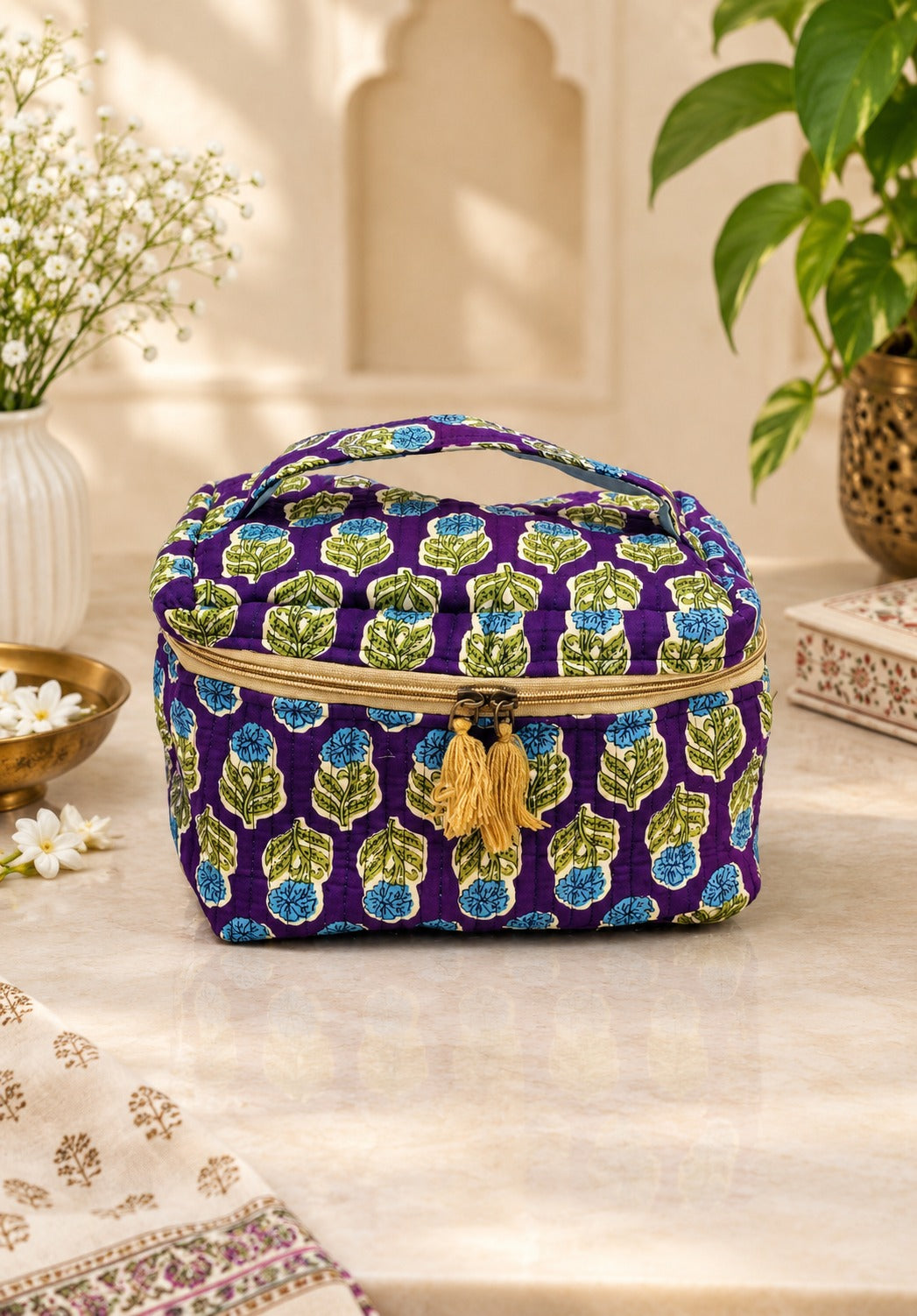 Handcrafted Quilted Makeup Organizer Bag | Cosmetic & Travel Vanity Case - 9x6.5x6.2 inches