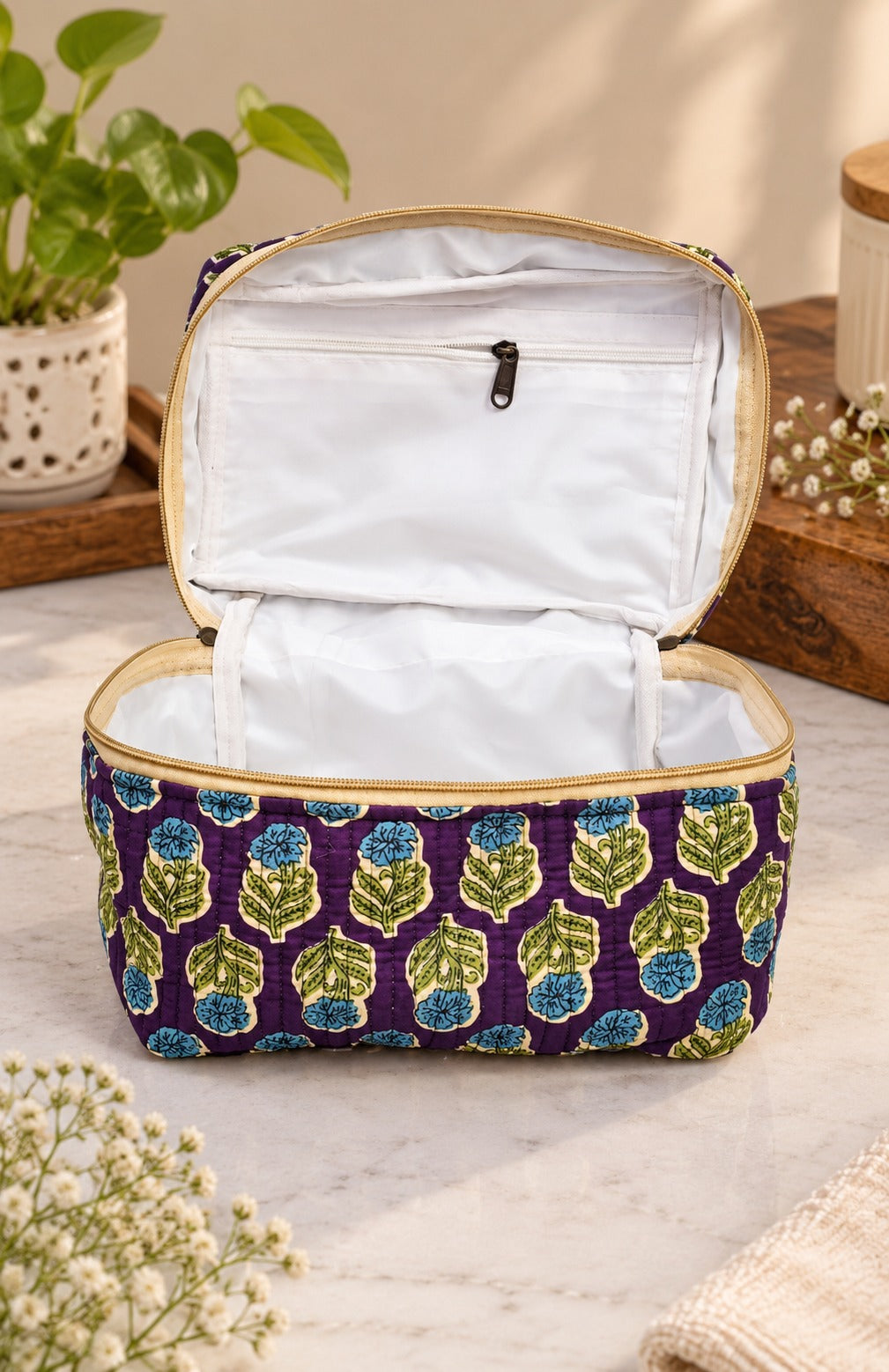 Handcrafted Quilted Makeup Organizer Bag | Cosmetic & Travel Vanity Case - 9x6.5x6.2 inches