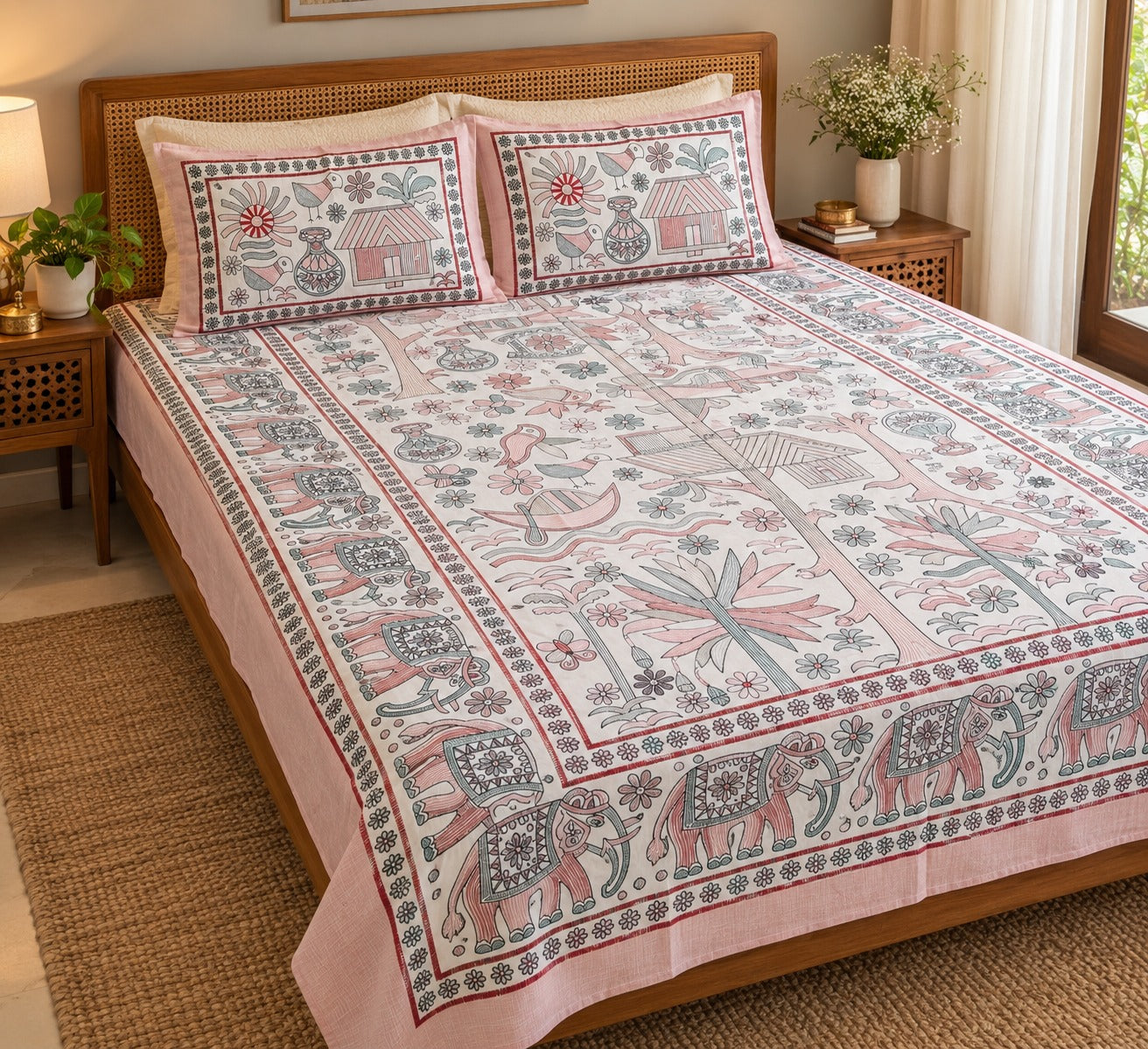 Diwali Complete Gift Box | 1 Ethnic Motifs Double Bedsheet with 2 Pillow Covers, 1 Lotus Urli, Set of 2 Door Hangings