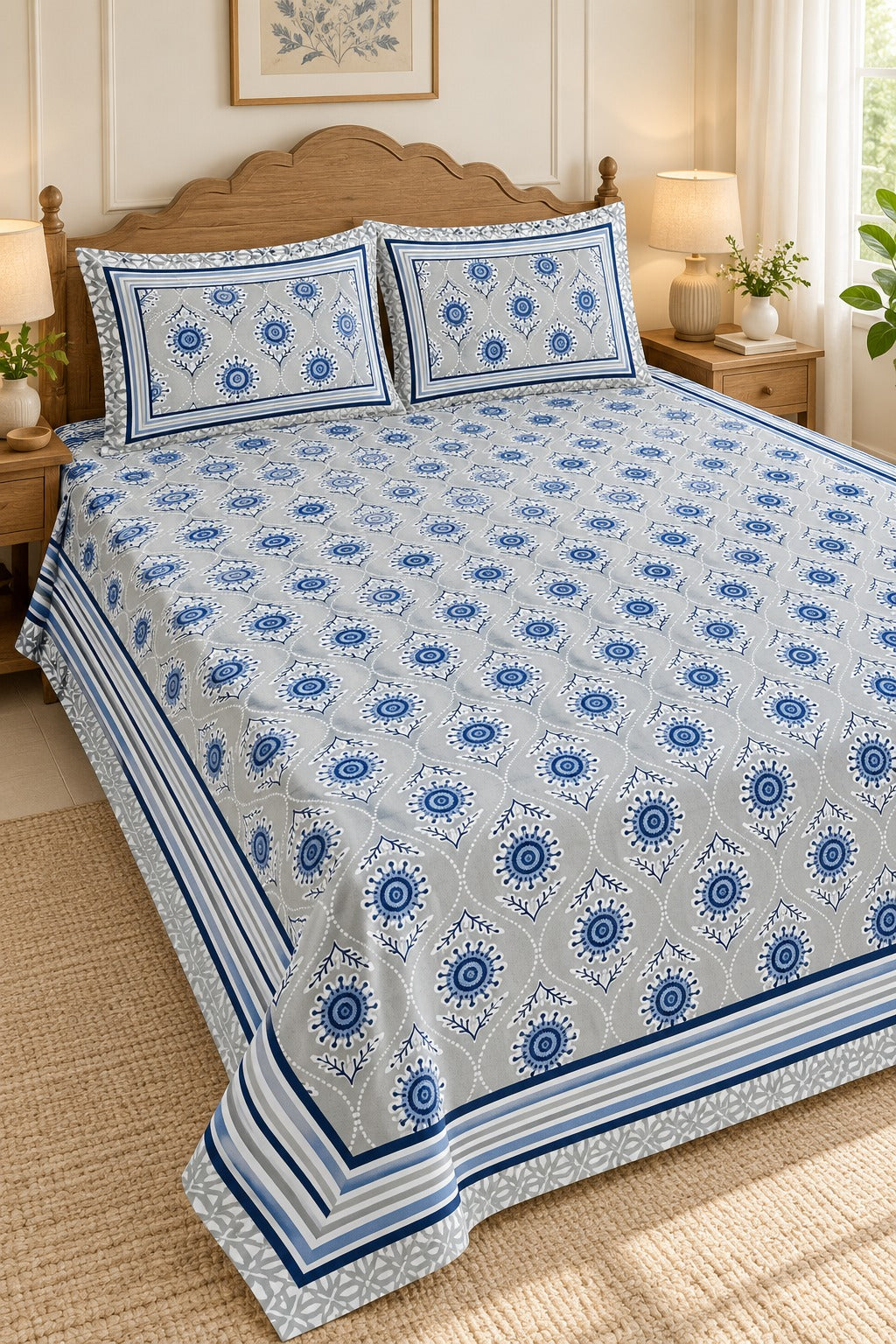 Diwali Complete Gift Box | 1 Ethnic Motifs Double Bedsheet with 2 Pillow Covers, 1 Lotus Urli, Set of 2 Door Hangings
