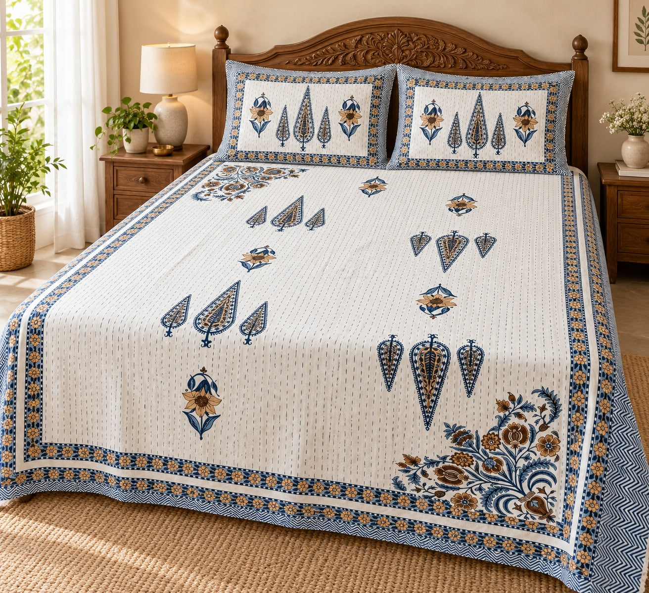 Diwali Complete Gift Box | 1 Ethnic Motifs Double Bedsheet with 2 Pillow Covers, 1 Lotus Urli, Set of 2 Door Hangings