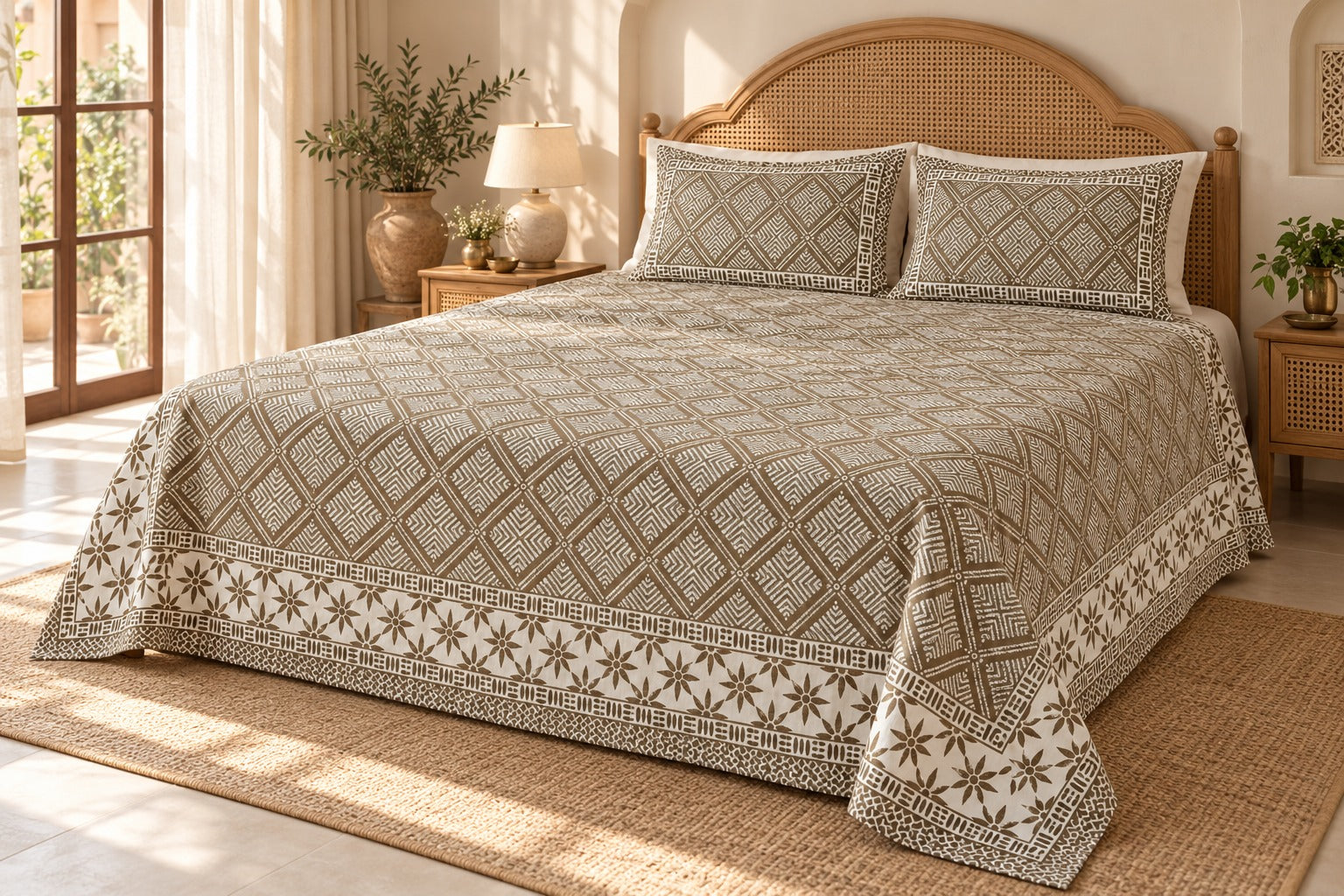 Diwali Complete Gift Box | 1 Ethnic Motifs Double Bedsheet with 2 Pillow Covers, 1 Lotus Urli, Set of 2 Door Hangings