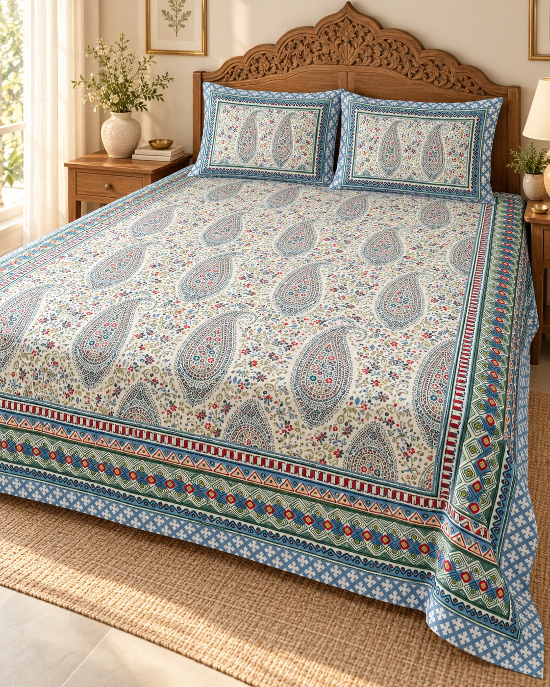 Diwali Complete Gift Box | 1 Ethnic Motifs Double Bedsheet with 2 Pillow Covers, 1 Lotus Urli, Set of 2 Door Hangings