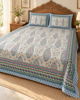 Diwali Complete Gift Box | 1 Ethnic Motifs Double Bedsheet with 2 Pillow Covers, 1 Lotus Urli, Set of 2 Door Hangings