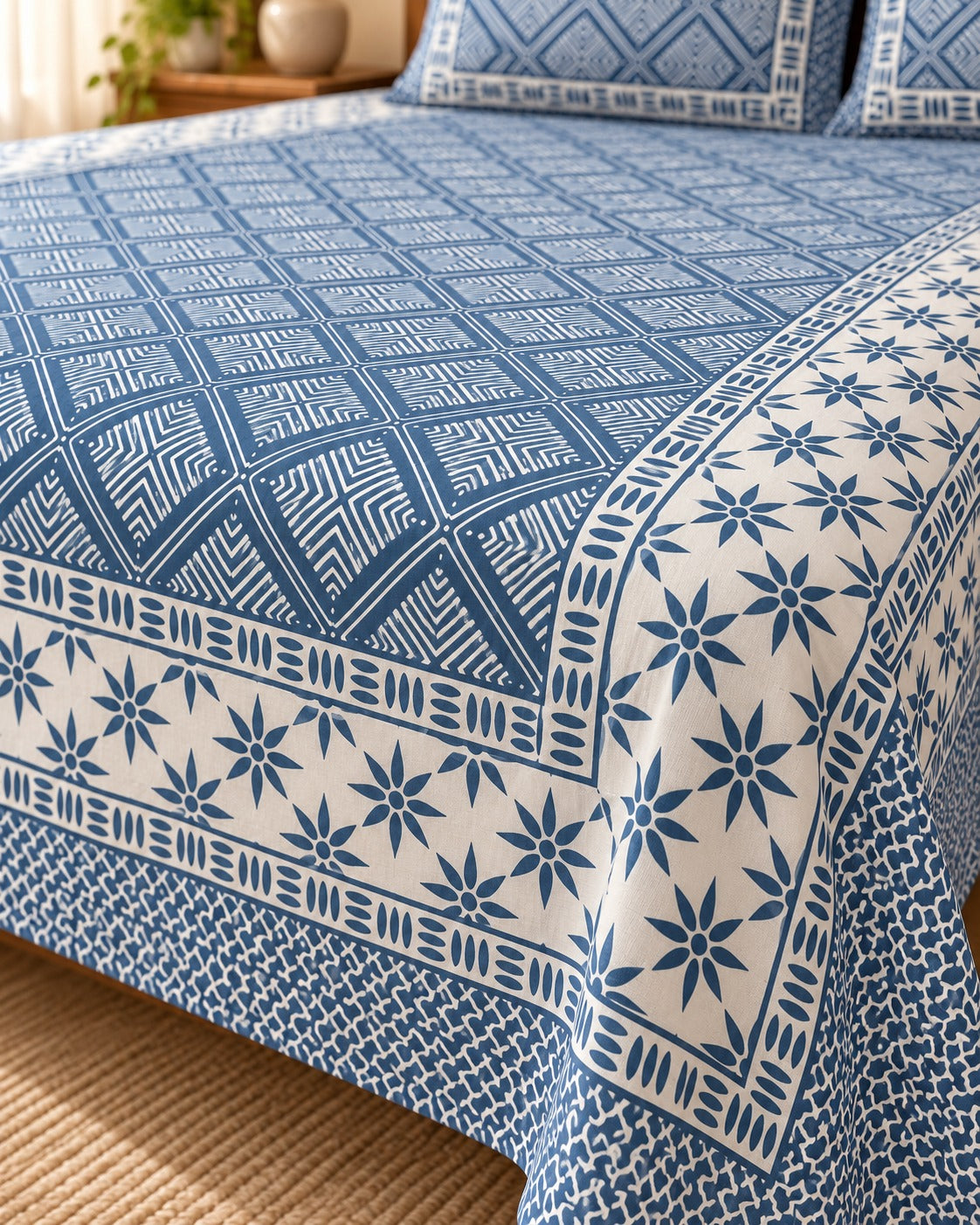 Diwali Complete Gift Box | 1 Ethnic Motifs Double Bedsheet with 2 Pillow Covers, 1 Lotus Urli, Set of 2 Door Hangings