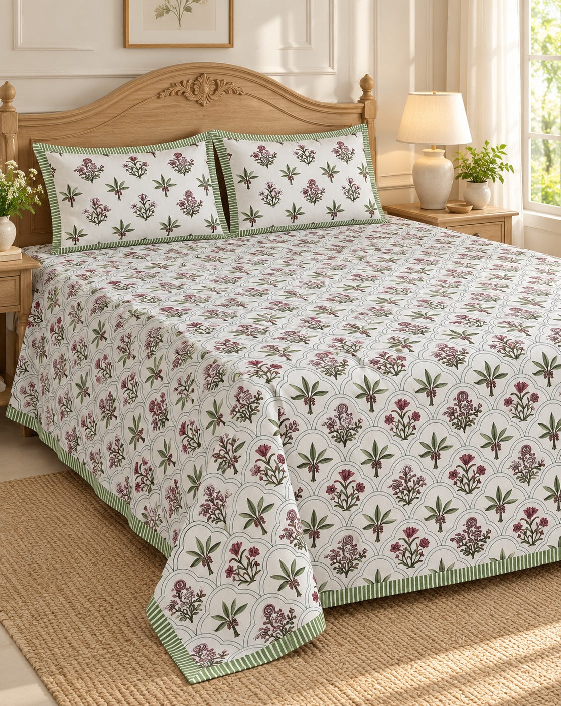 Floral Print Cotton Double King Bedsheet with 2 Pillow Covers