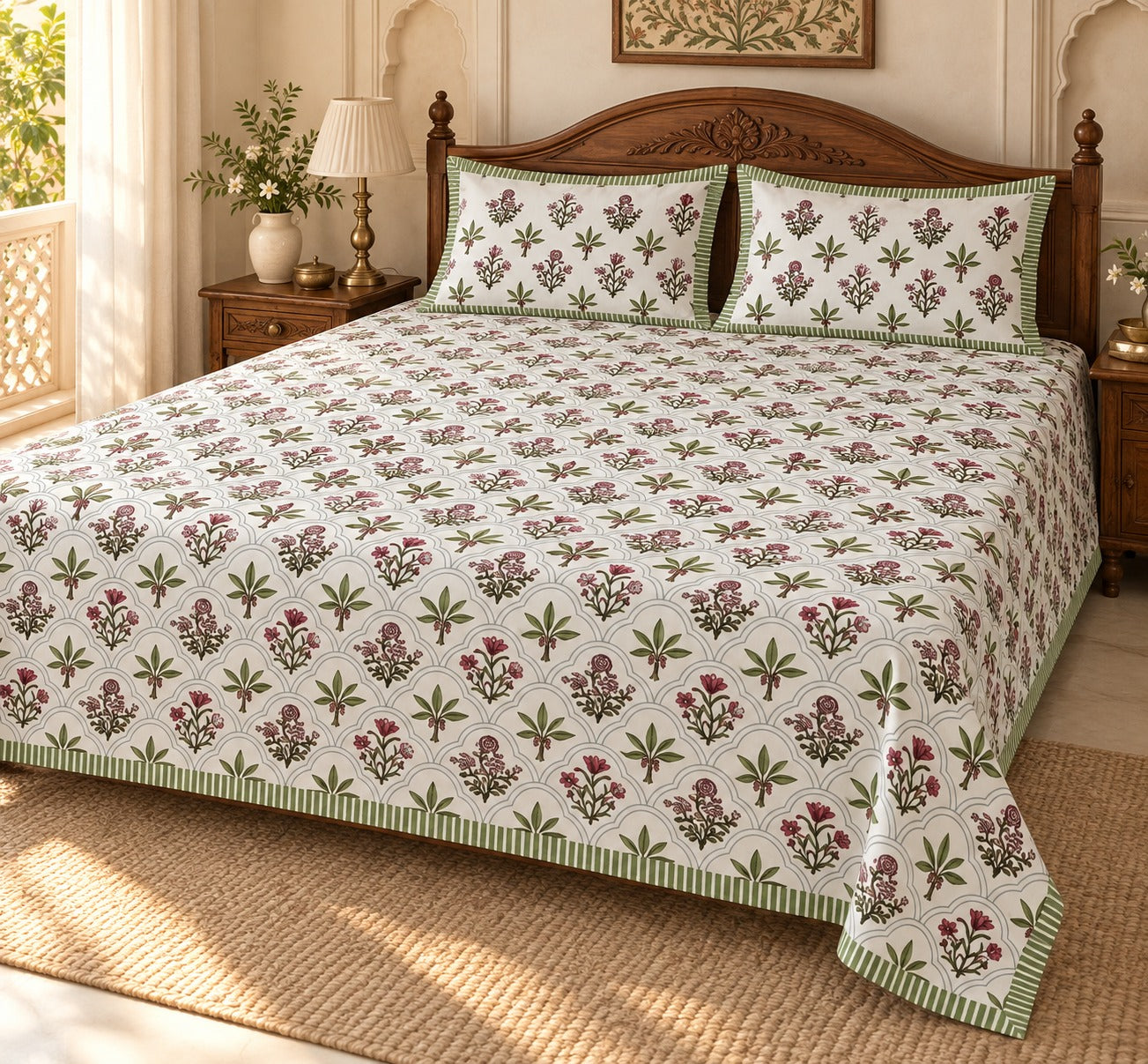 Floral Print Cotton Double King Bedsheet with 2 Pillow Covers