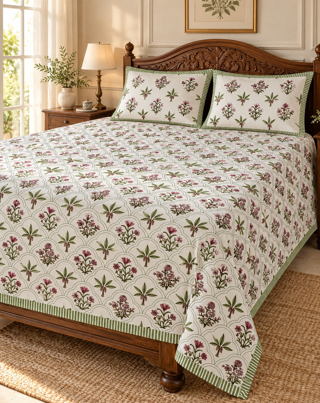 Floral Print Cotton Double King Bedsheet with 2 Pillow Covers