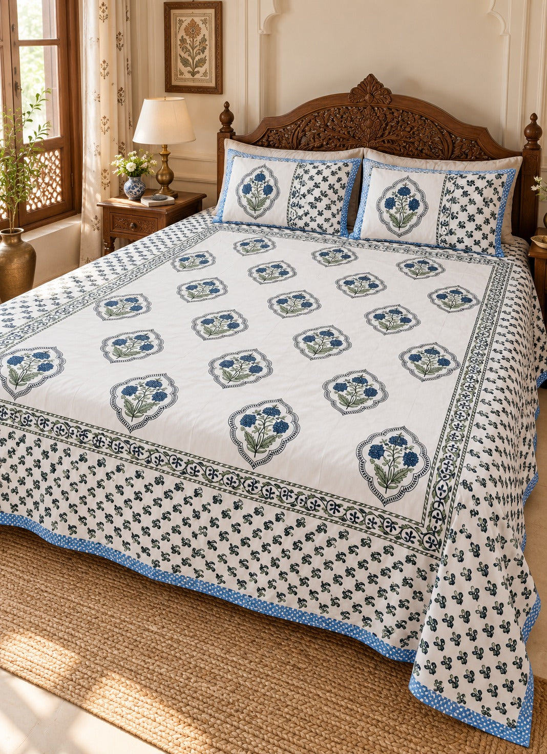 Floral Print Cotton Double King Bedsheet with 2 Pillow Covers