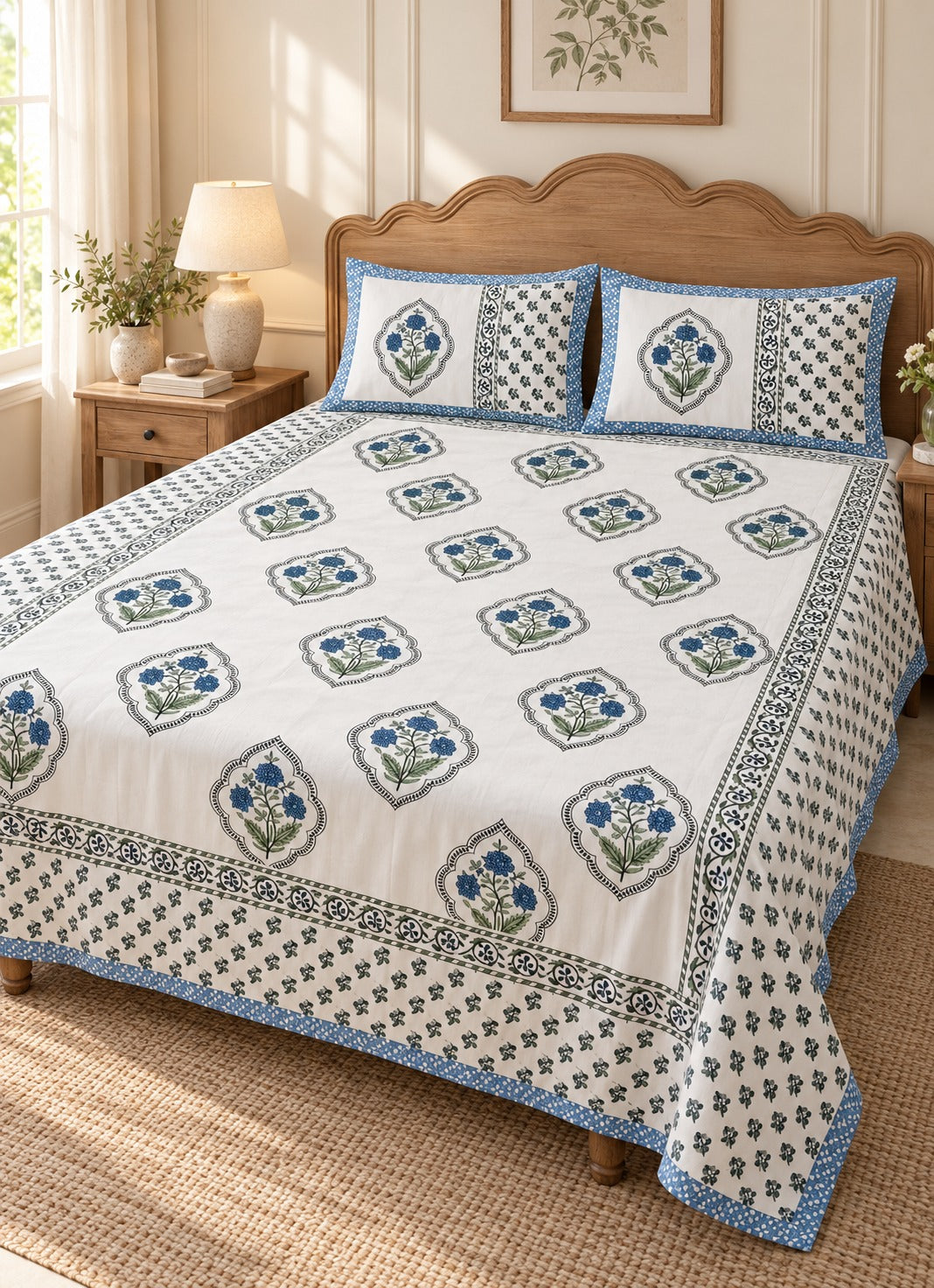 Floral Print Cotton Double King Bedsheet with 2 Pillow Covers