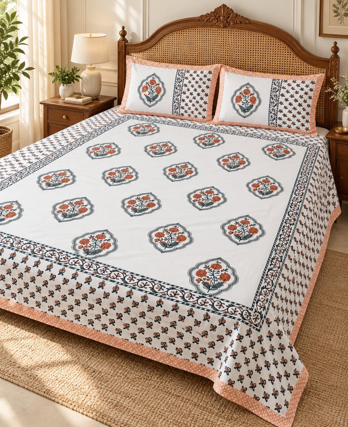Floral Print Cotton Double King Bedsheet with 2 Pillow Covers