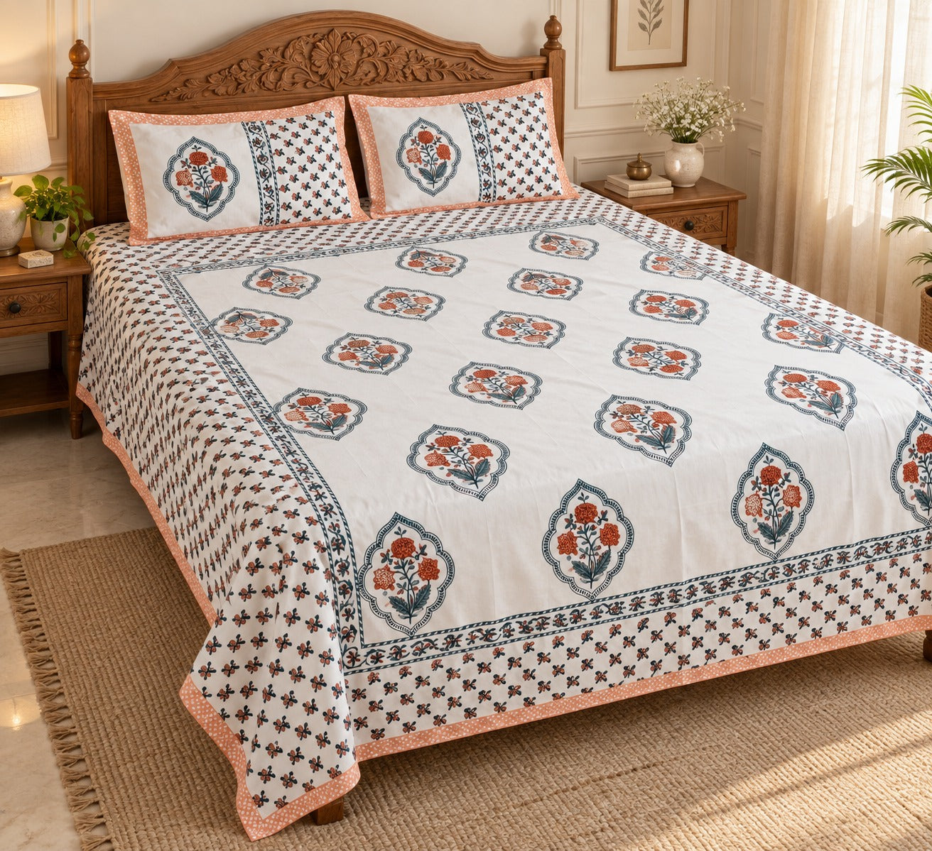 Floral Print Cotton Double King Bedsheet with 2 Pillow Covers