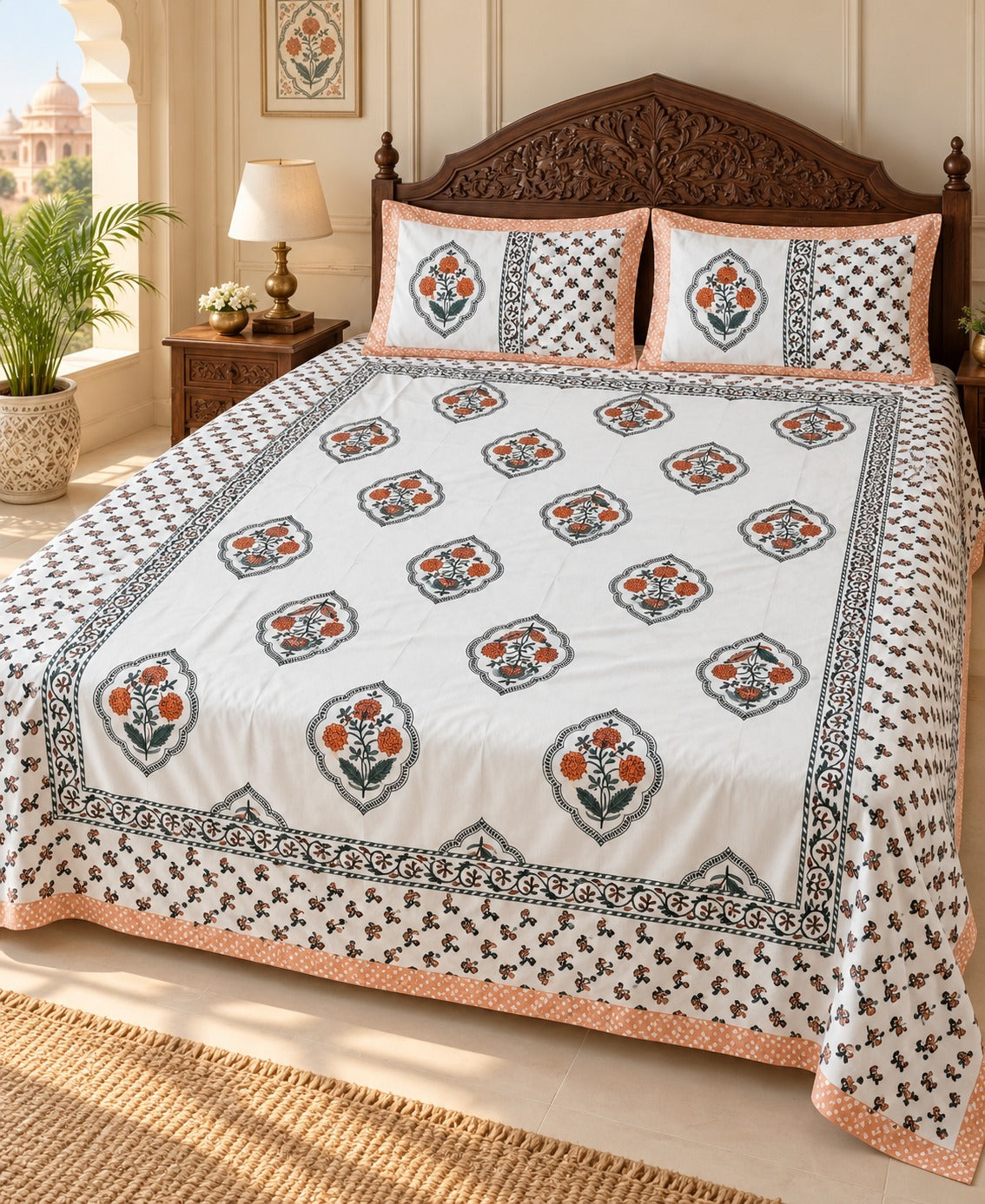 Floral Print Cotton Double King Bedsheet with 2 Pillow Covers