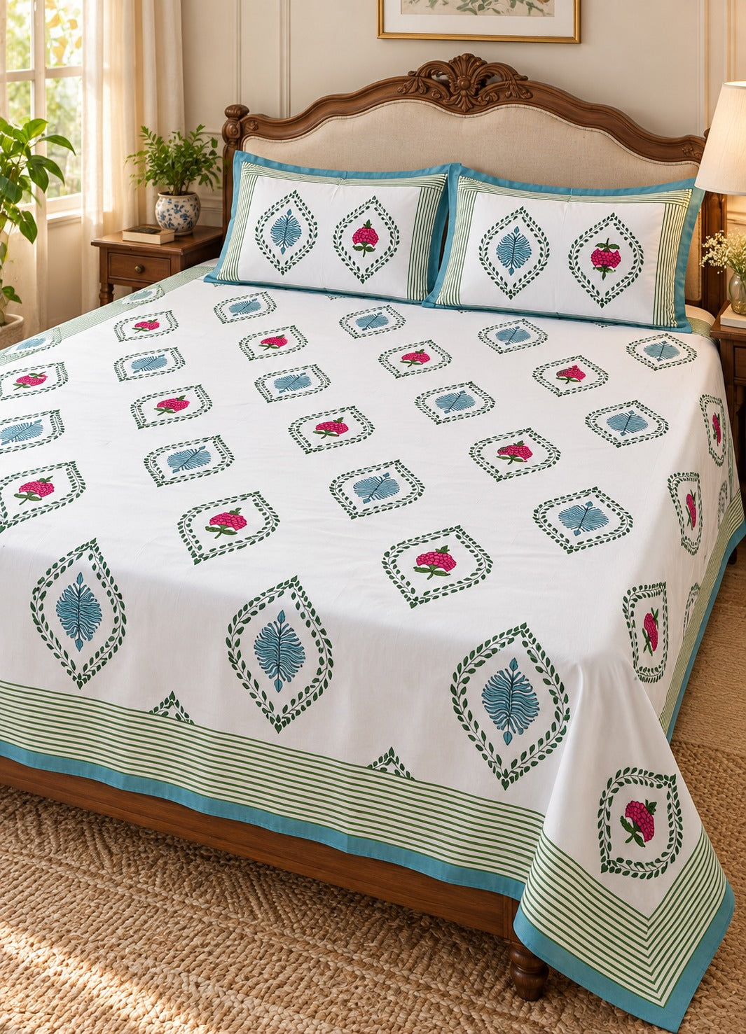 Floral Print Cotton Double King Bedsheet with 2 Pillow Covers