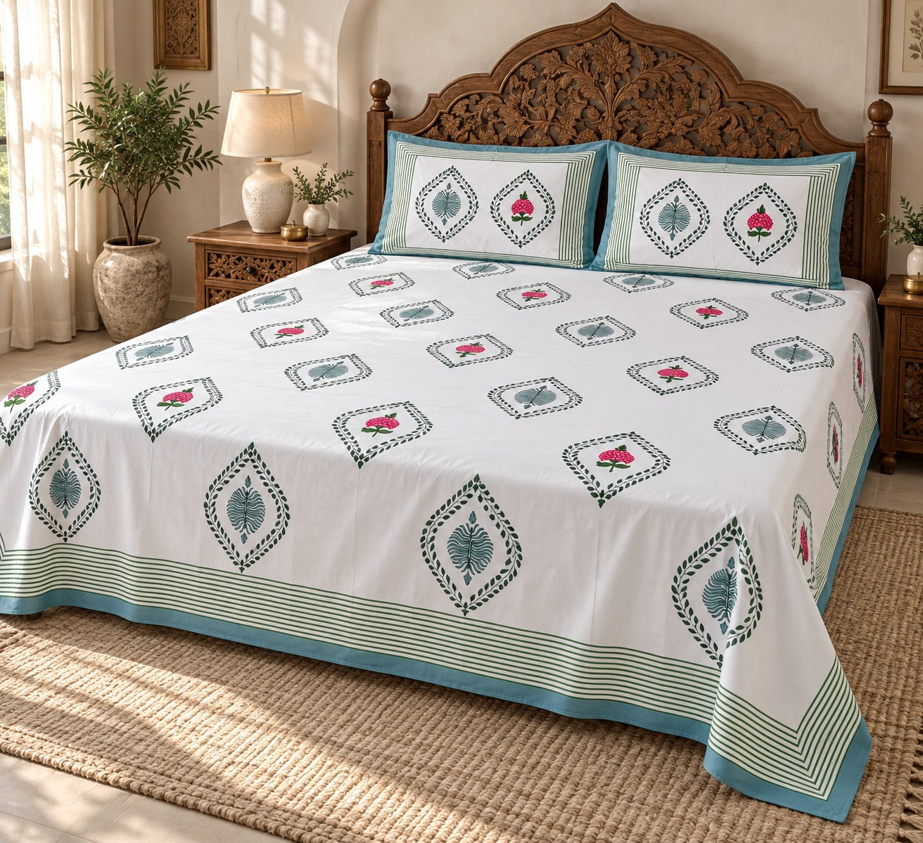Floral Print Cotton Double King Bedsheet with 2 Pillow Covers