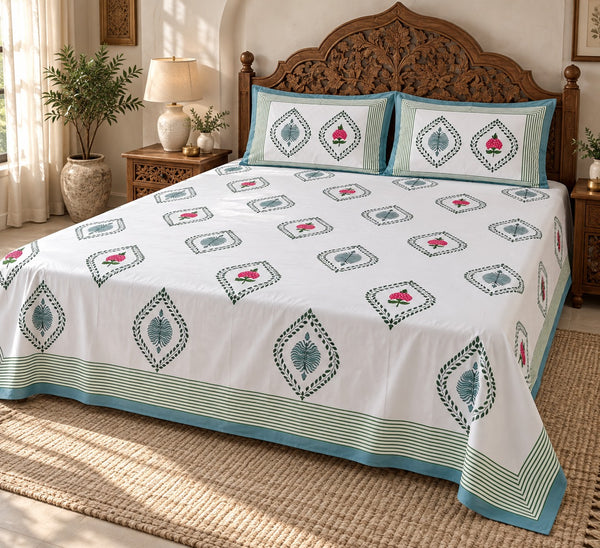 Floral Print Cotton Double King Bedsheet with 2 Pillow Covers