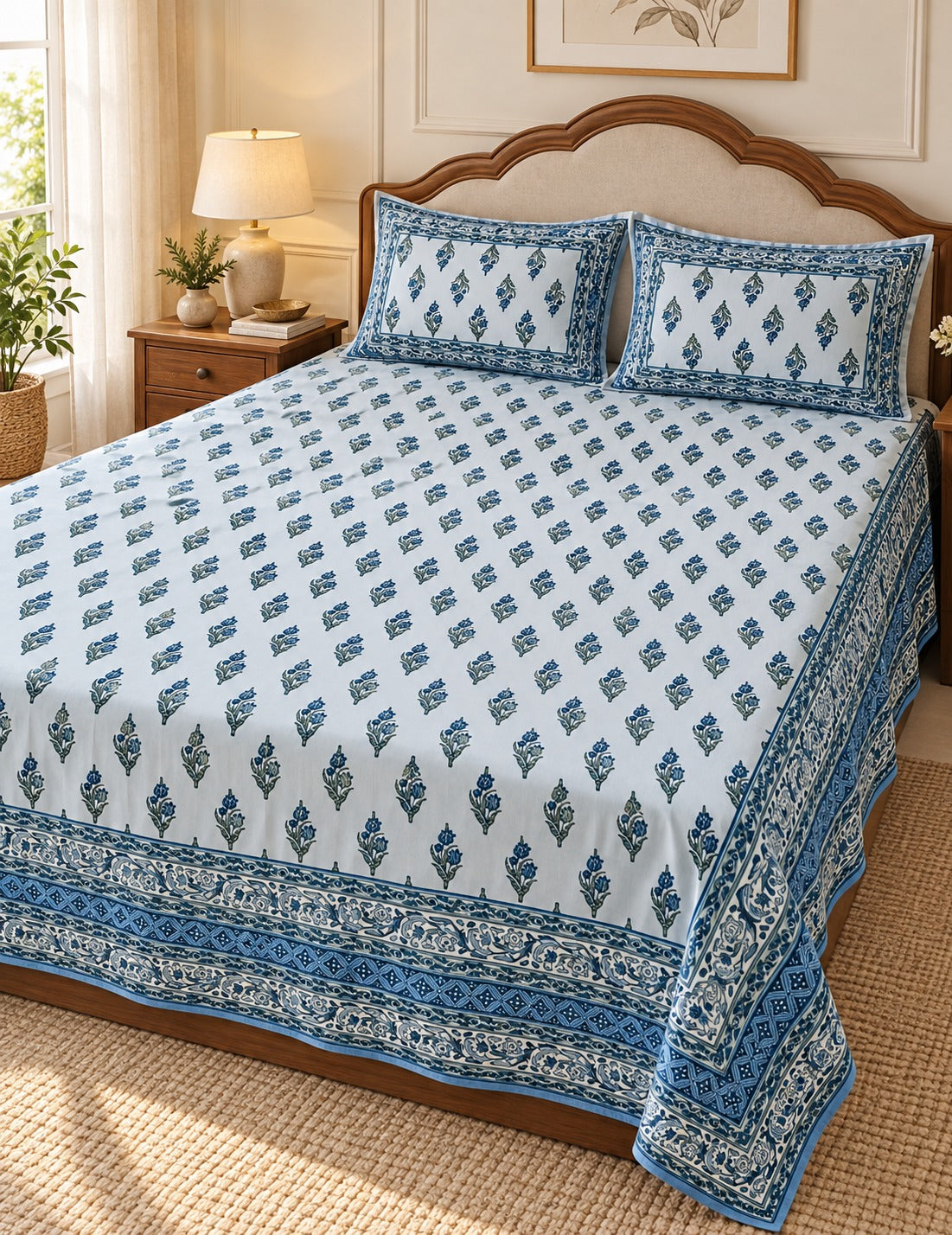 Floral Print Cotton Double King Bedsheet with 2 Pillow Covers