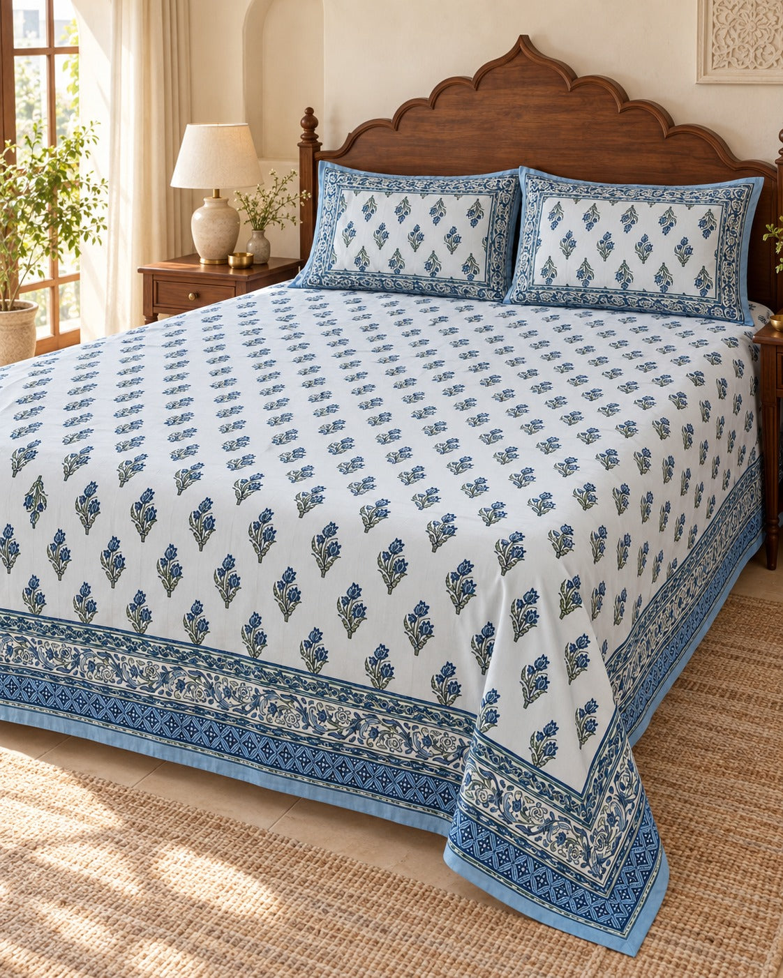 Floral Print Cotton Double King Bedsheet with 2 Pillow Covers