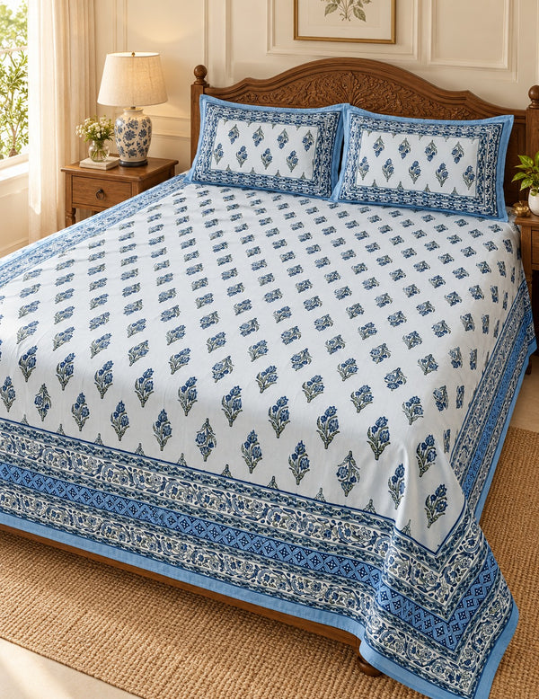 Floral Print Cotton Double King Bedsheet with 2 Pillow Covers