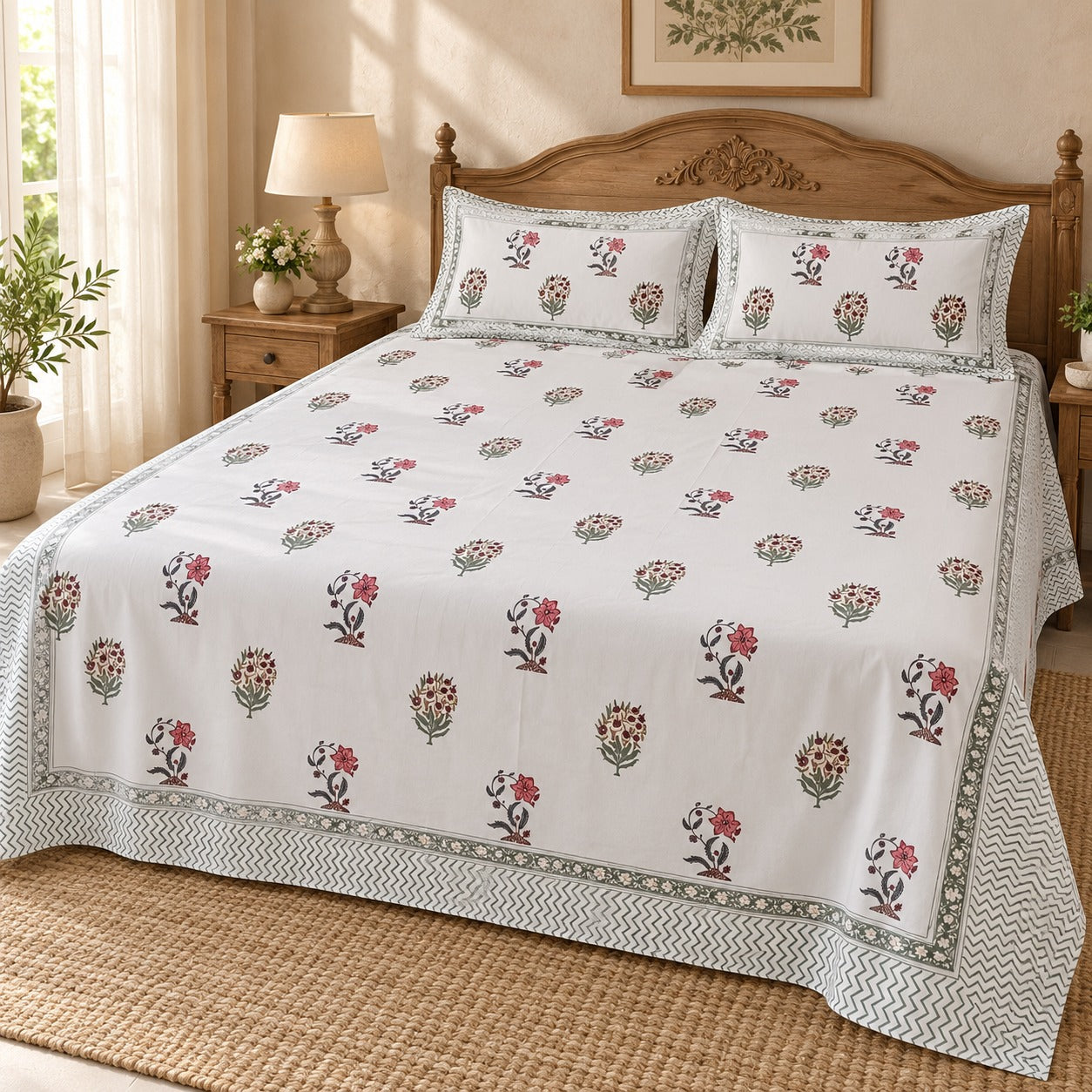 Cotton Super King Handblock Print Bedsheet with 2 Pillow Covers