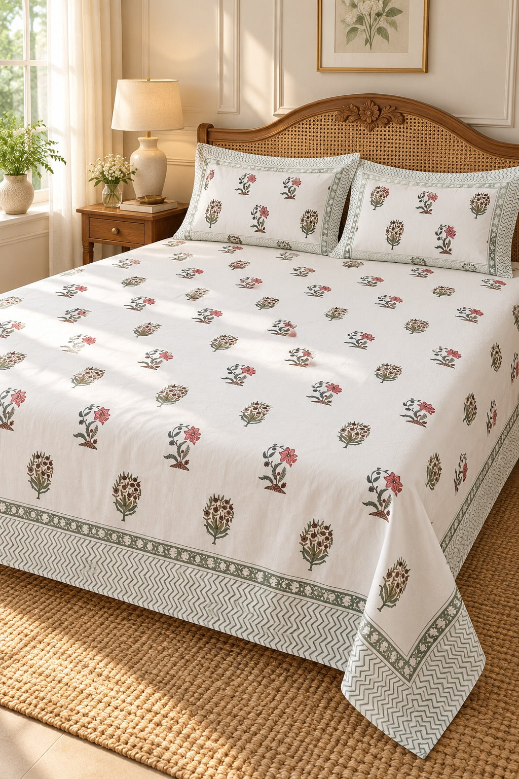 Cotton Super King Handblock Print Bedsheet with 2 Pillow Covers