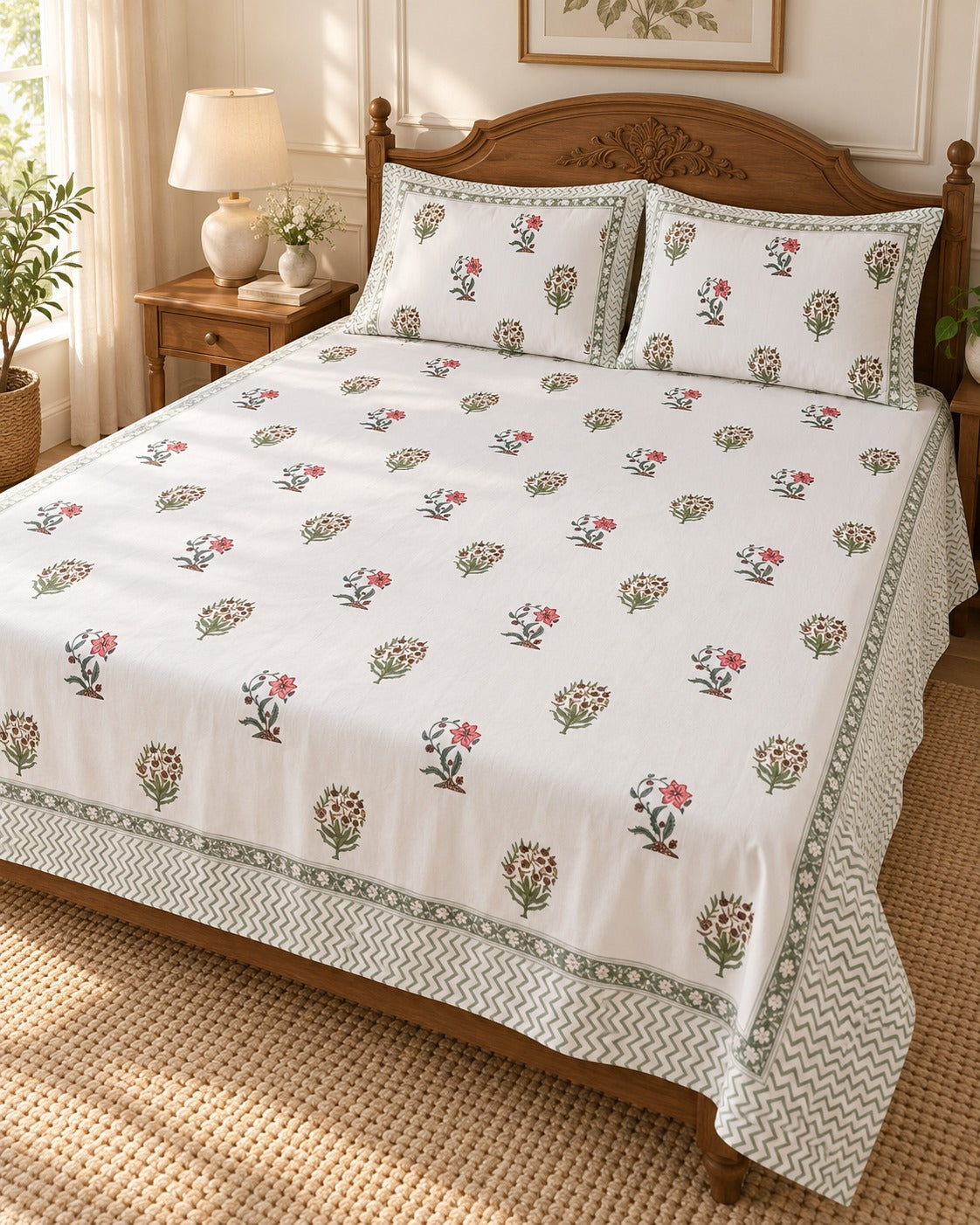 Cotton Super King Handblock Print Bedsheet with 2 Pillow Covers