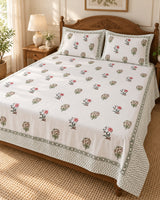Cotton Super King Handblock Print Bedsheet with 2 Pillow Covers