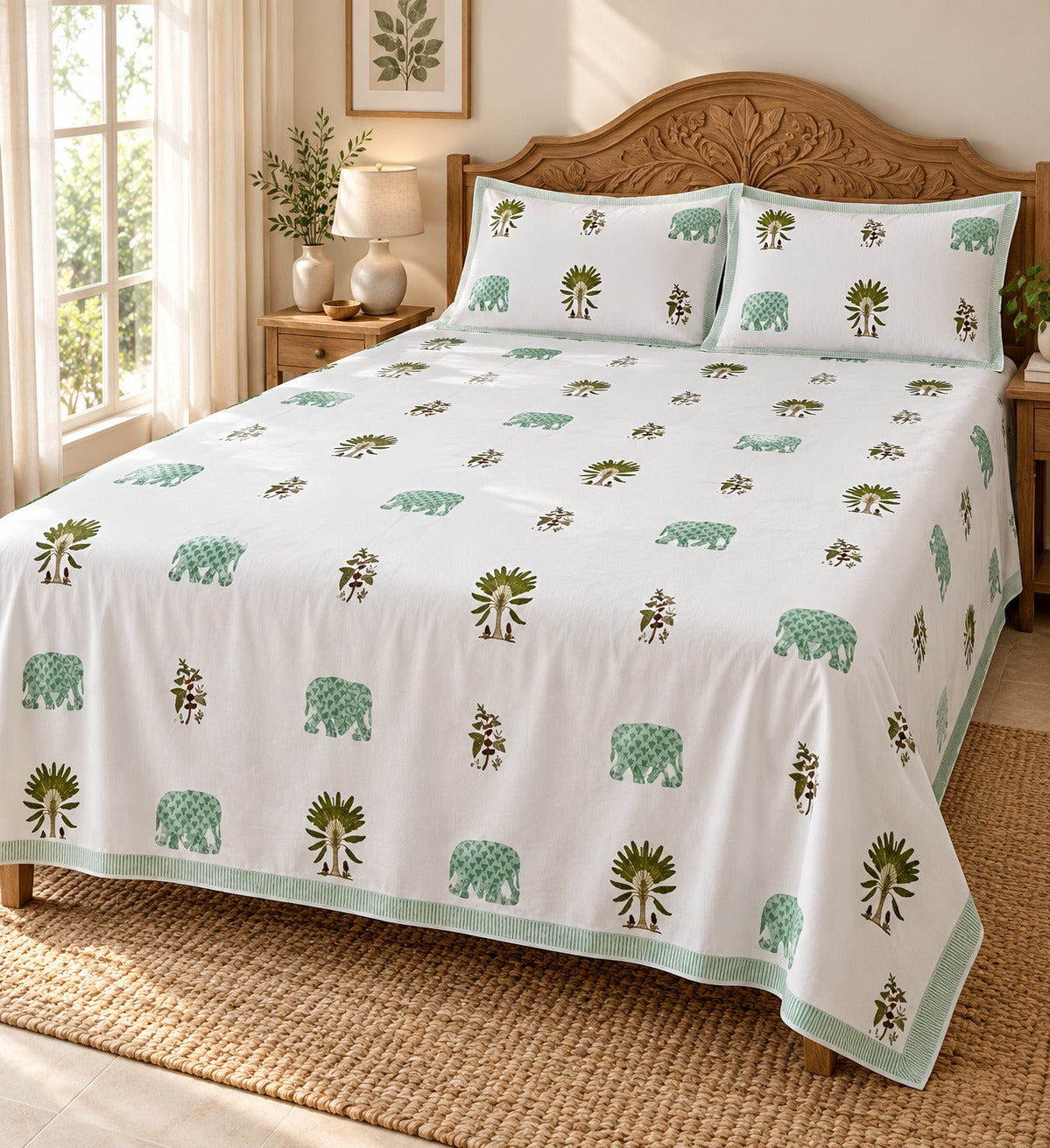 Cotton Super King Handblock Print Bedsheet with 2 Pillow Covers