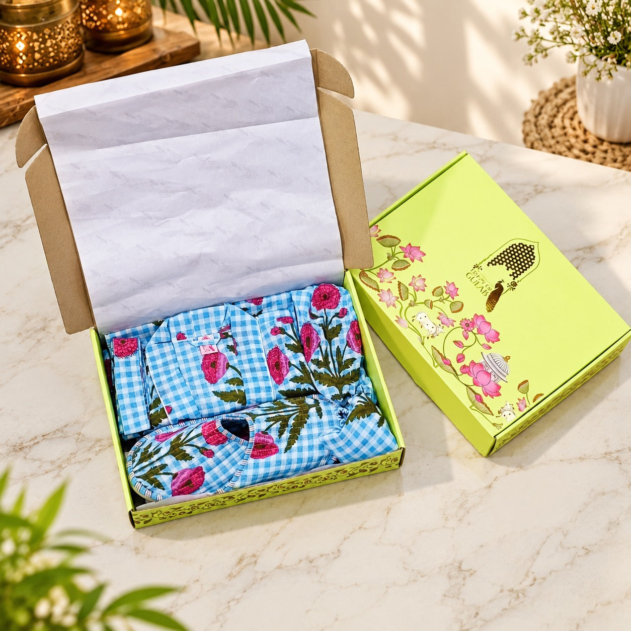 Diwali Gift Box With Handblock Print Cotton Robe Gift Set with Sleep Mask, Slippers & Headband