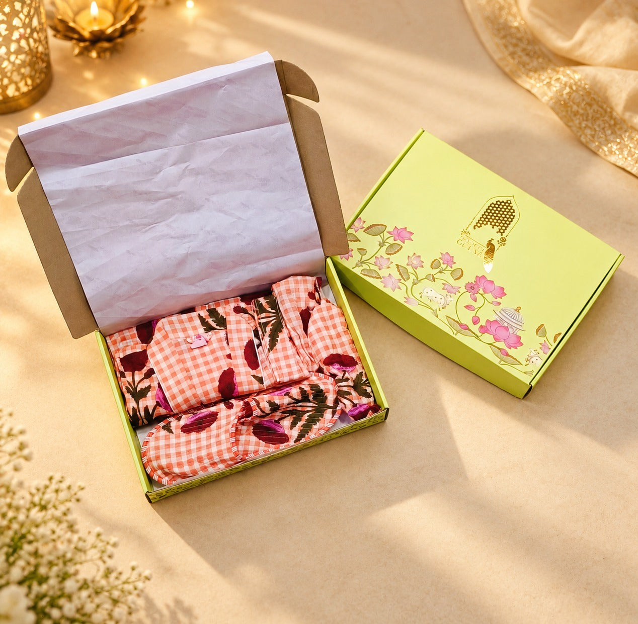 Diwali Gift Box With Handblock Print Cotton Robe Gift Set with Sleep Mask, Slippers & Headband