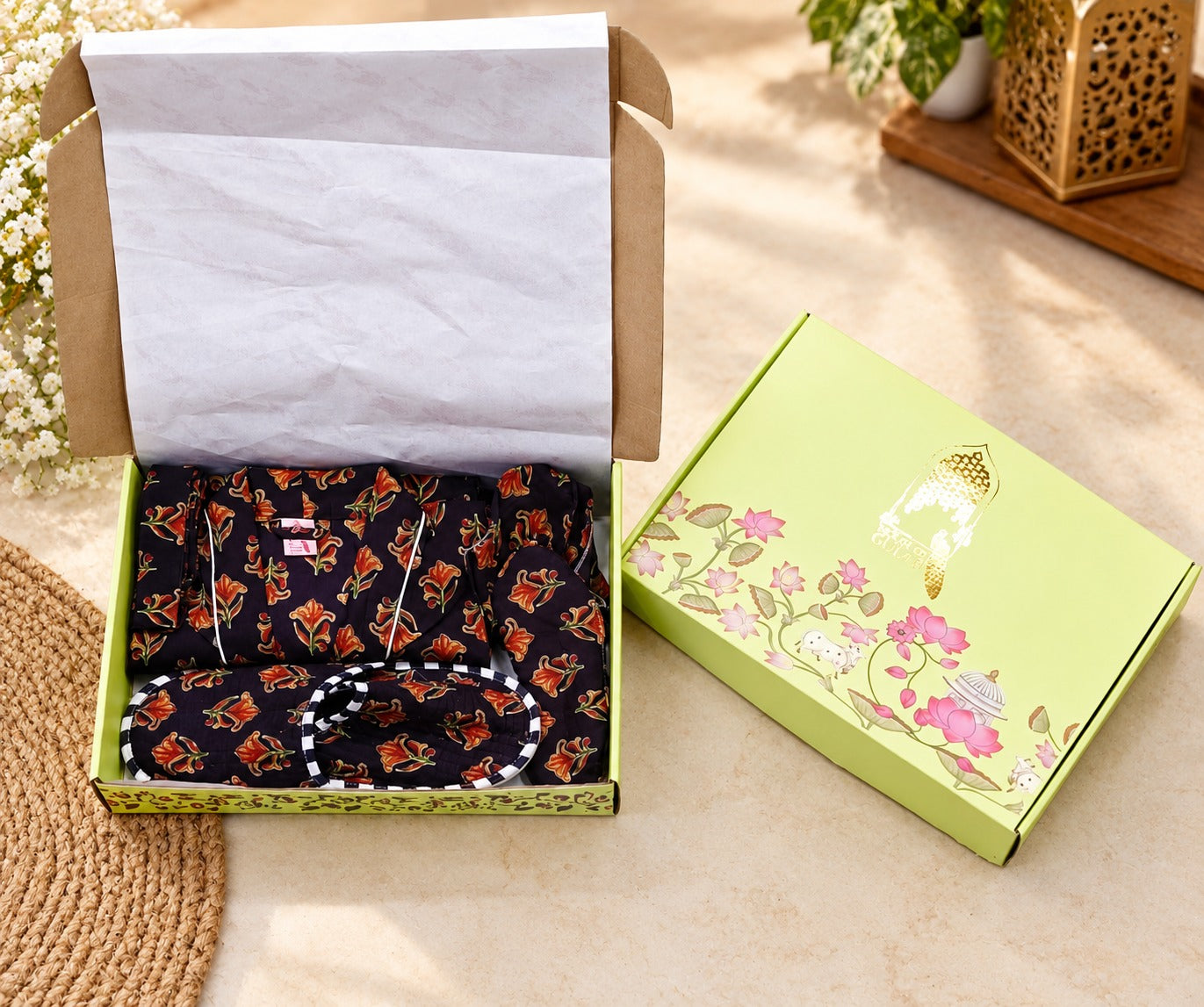 Diwali Gift Box With Handblock Print Cotton Robe Gift Set with Sleep Mask, Slippers & Headband