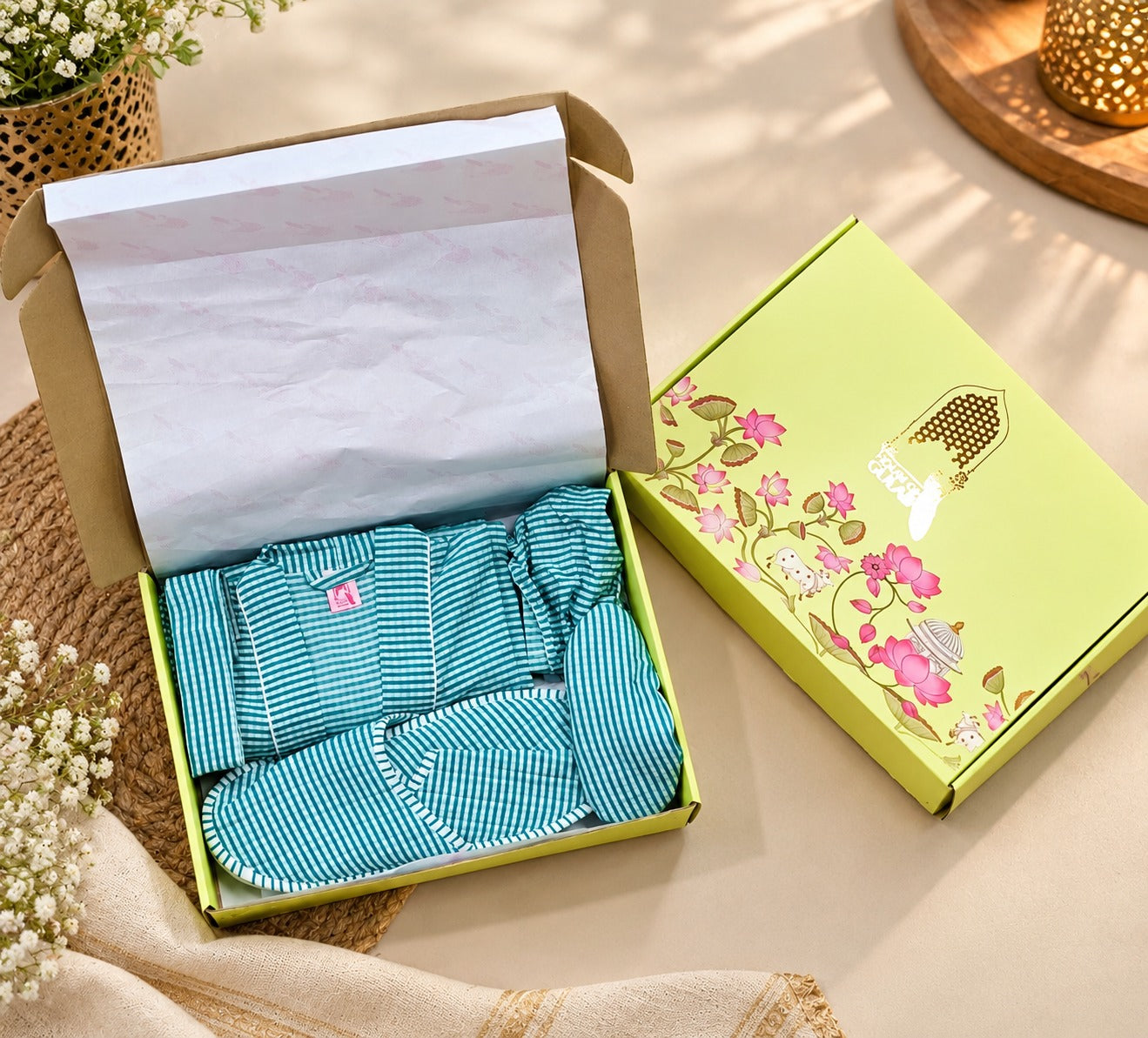 Diwali Gift Box With Handblock Print Cotton Robe Gift Set with Sleep Mask, Slippers & Headband