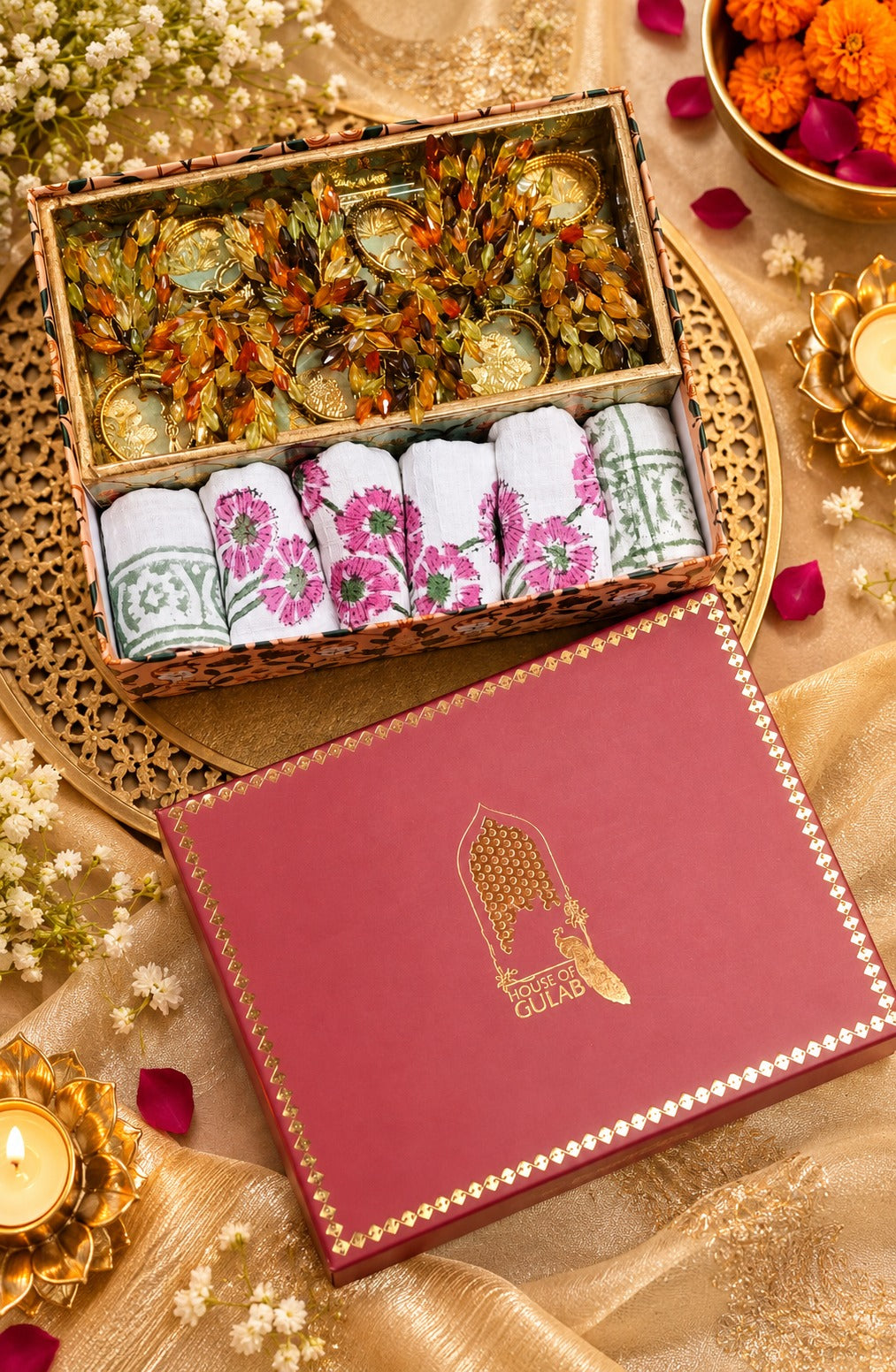 Diwali Gift Box | 1 Wooden Tray, Set of 6 Table Napkins, 6 Napkin Rings