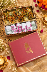 Diwali Gift Box | 1 Wooden Tray, Set of 6 Table Napkins, 6 Napkin Rings