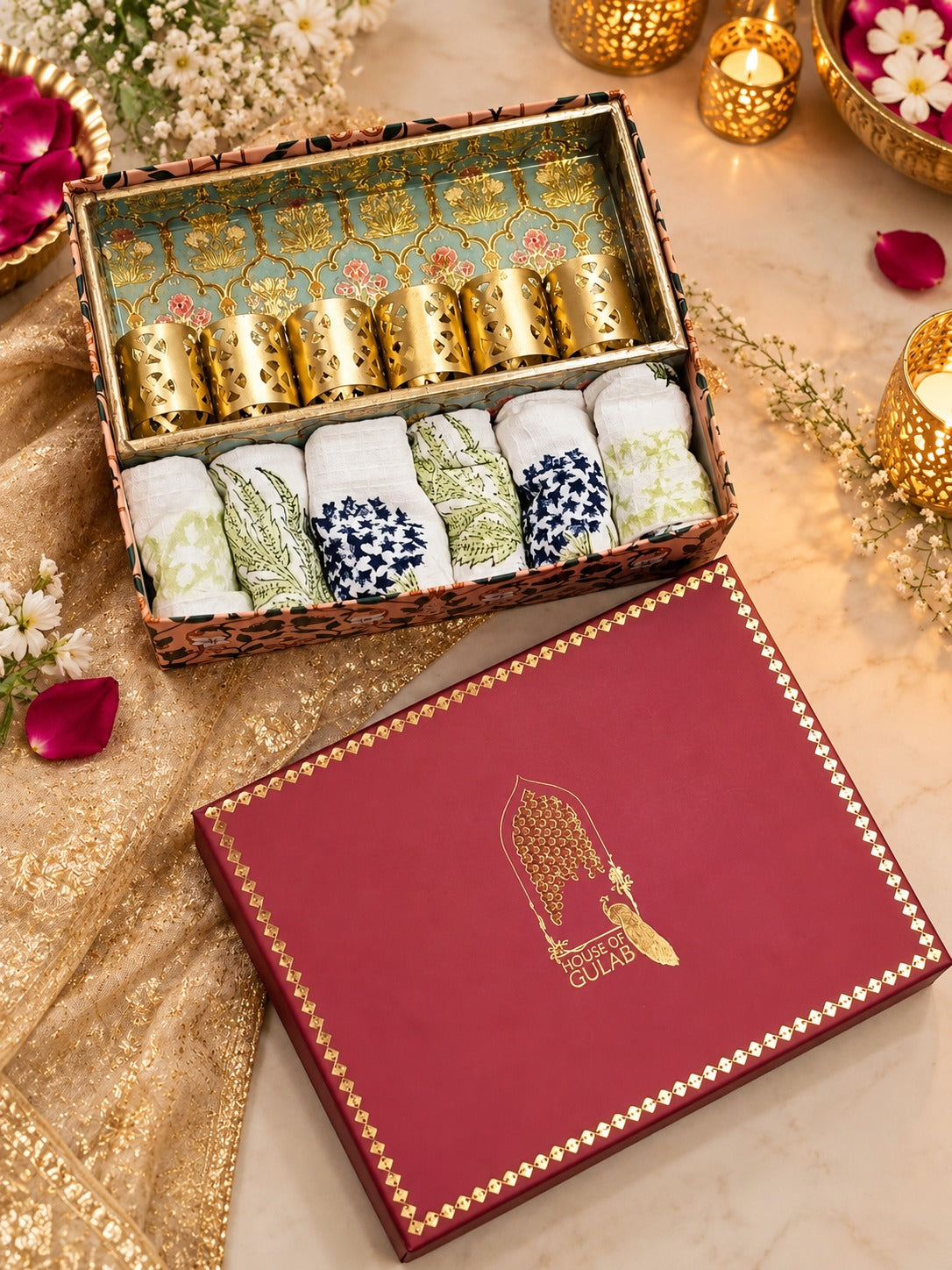 Diwali Gift Box | 1 Wooden Tray, Set of 6 Table Napkins, 6 Napkin Rings