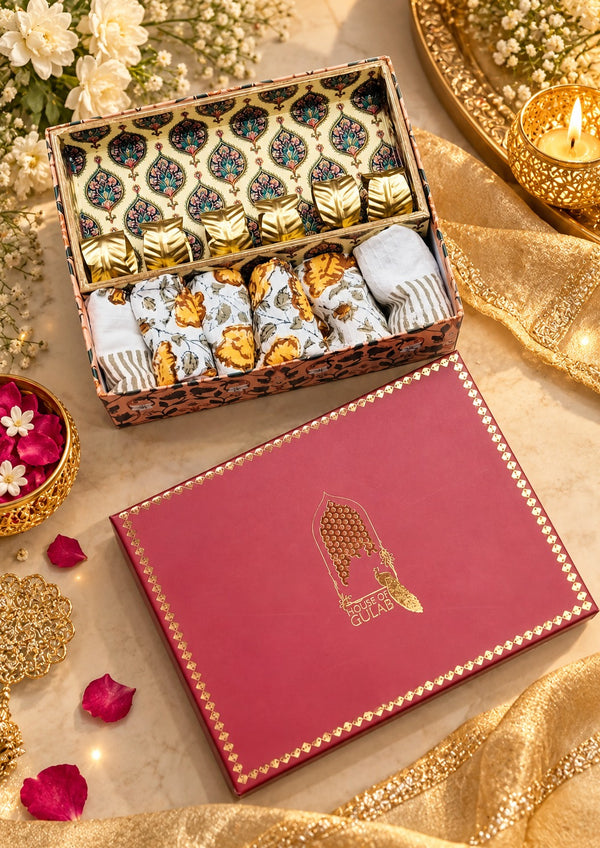 Diwali Gift Box | 1 Wooden Tray, Set of 6 Table Napkins, 6 Napkin Rings