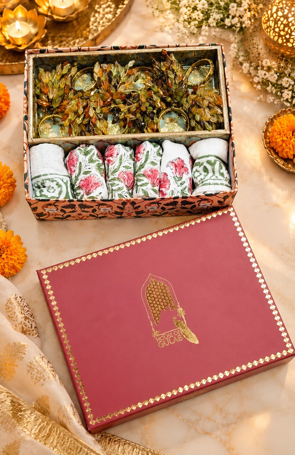 Diwali Gift Box | 1 Wooden Tray, Set of 6 Table Napkins, 6 Napkin Rings