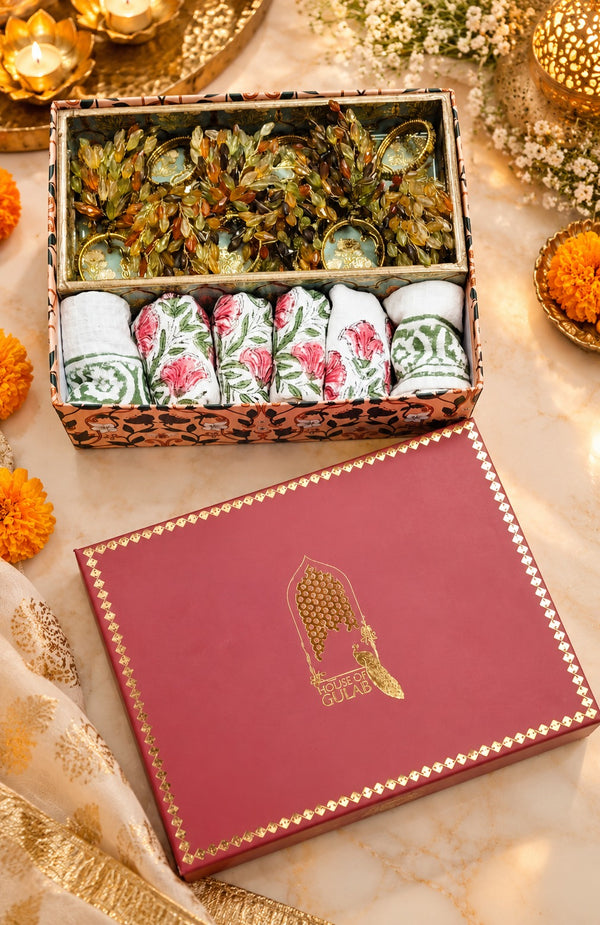 Diwali Gift Box | 1 Wooden Tray, Set of 6 Table Napkins, 6 Napkin Rings