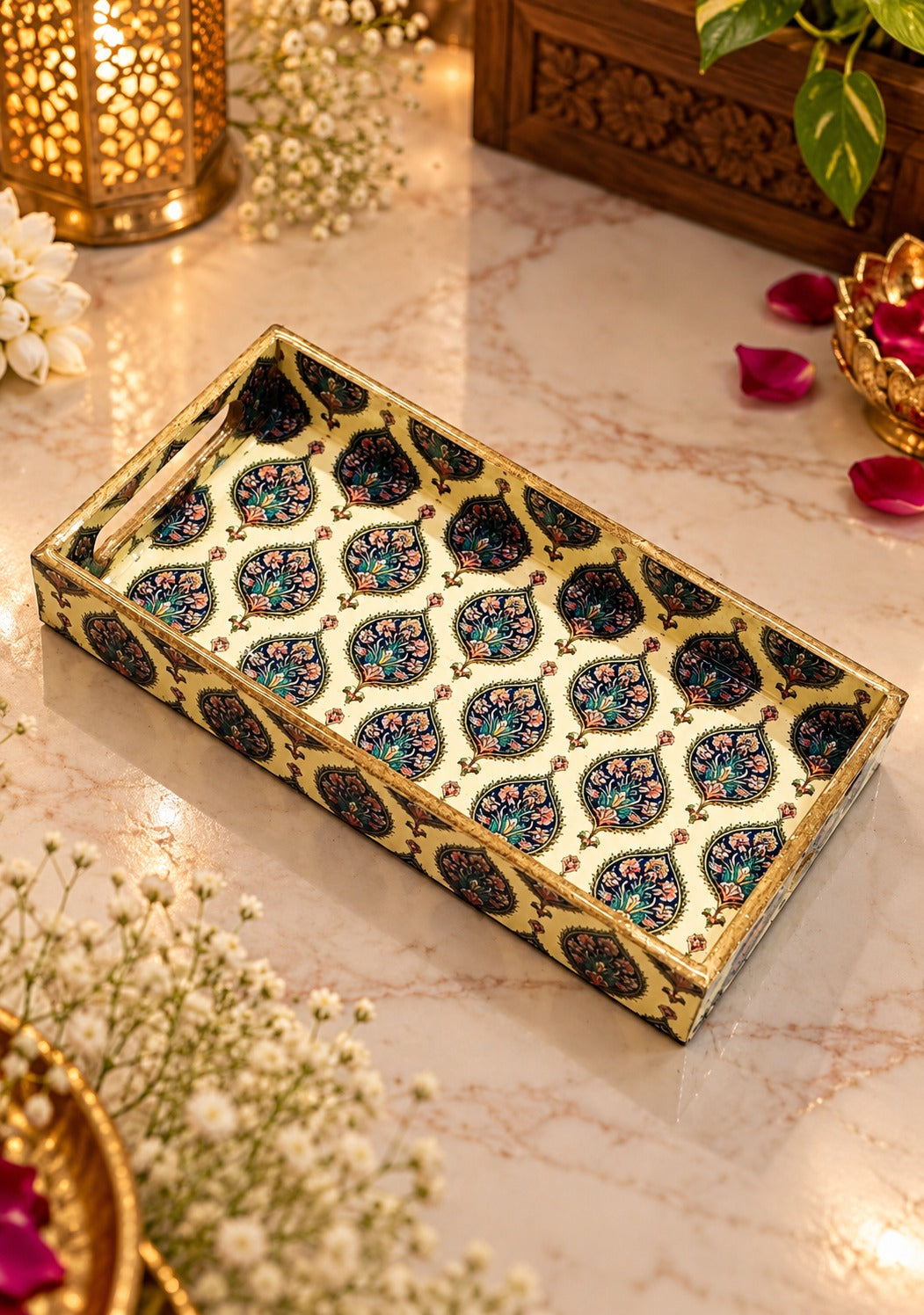 Diwali Gift Box | 1 Wooden Tray, Set of 6 Table Napkins, 6 Napkin Rings