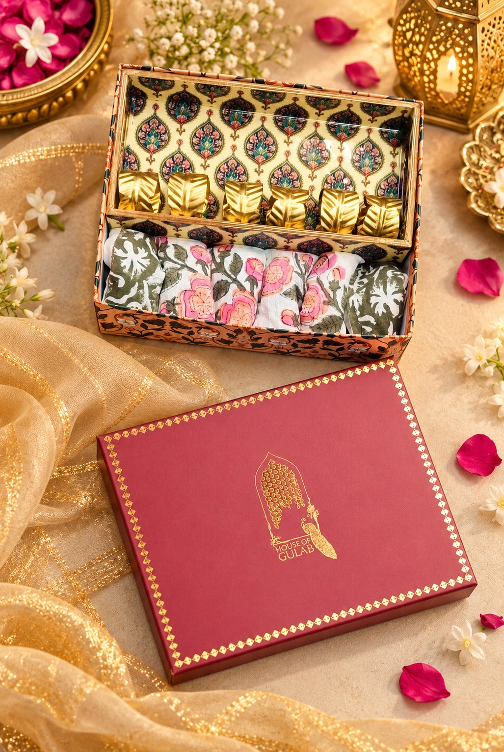 Diwali Gift Box | 1 Wooden Tray, Set of 6 Table Napkins, 6 Napkin Rings