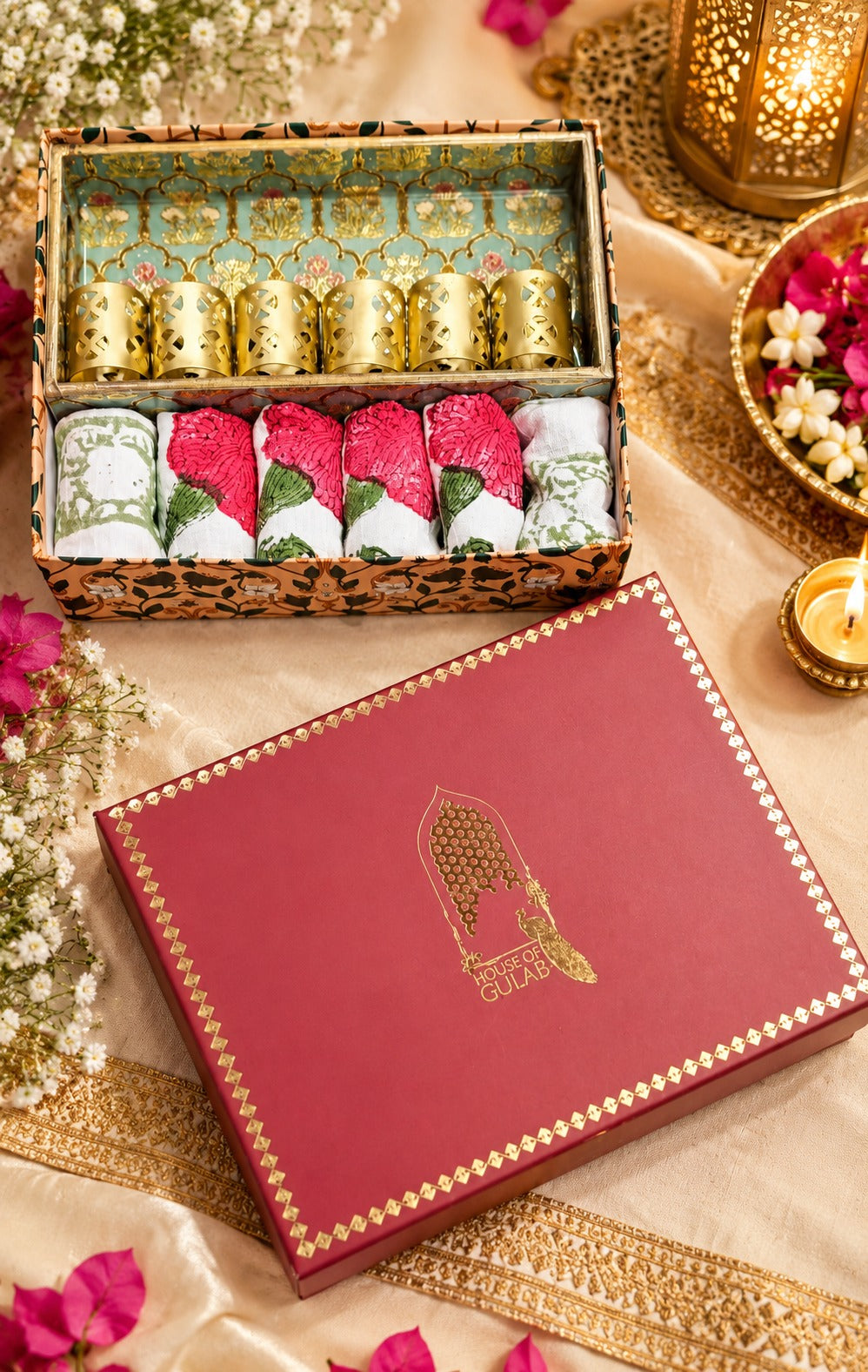 Diwali Gift Box | 1 Wooden Tray, Set of 6 Table Napkins, 6 Napkin Rings