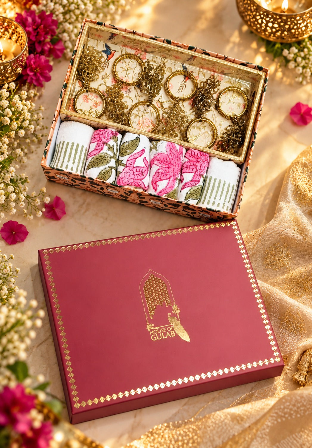 Diwali Gift Box | 1 Wooden Tray, Set of 6 Table Napkins, 6 Napkin Rings