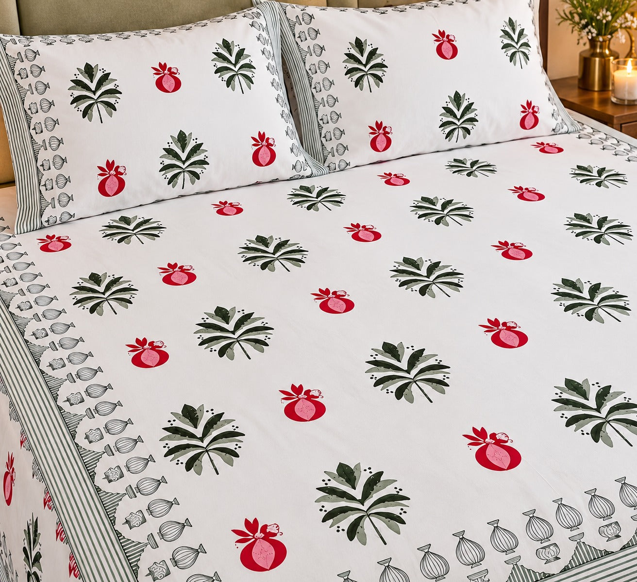 Cotton Super King Handblock Print Bedsheet with 2 Pillow Covers