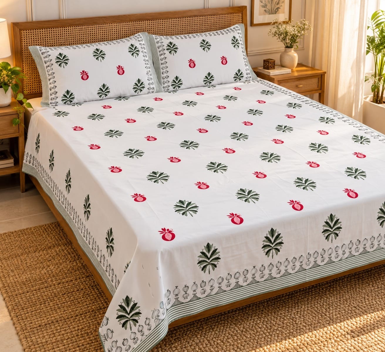 Cotton Super King Handblock Print Bedsheet with 2 Pillow Covers