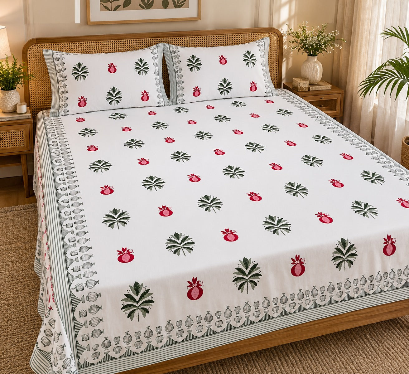 Cotton Super King Handblock Print Bedsheet with 2 Pillow Covers