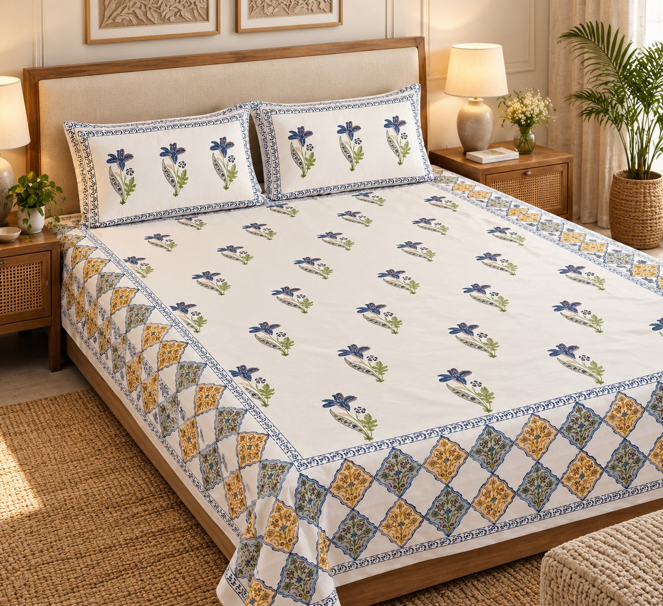 Cotton Super King Handblock Print Bedsheet with 2 Pillow Covers