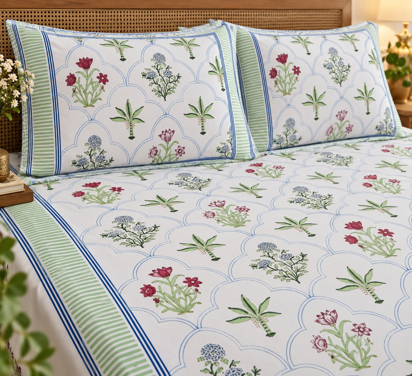 Cotton Super King Handblock Print Bedsheet with 2 Pillow Covers