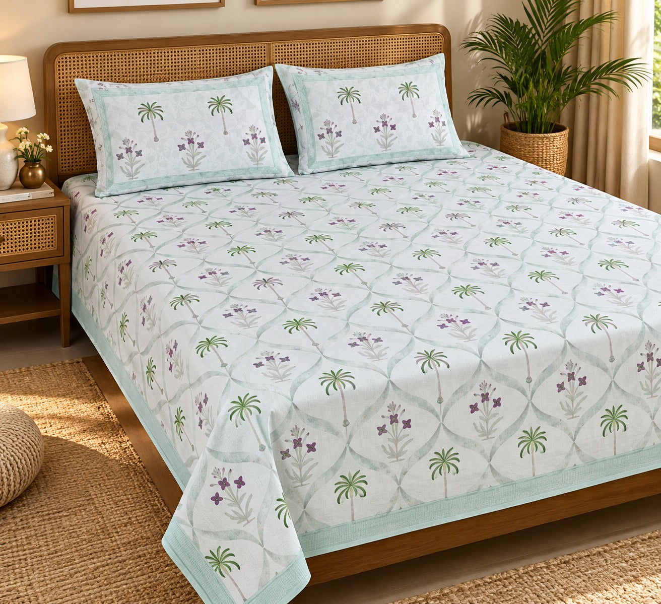 Cotton Super King Handblock Print Bedsheet with 2 Pillow Covers